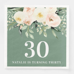 Peach watercolor floral 30th birthday party favor paper dinner napkins