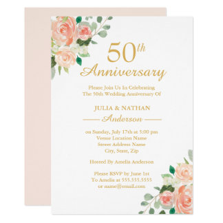 Peach Watercolor Floral 50th Wedding Anniversary Invitation