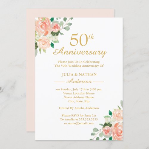 Peach Watercolor Floral 50th Wedding  Anniversary Invitation