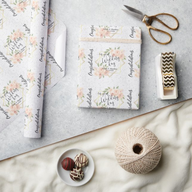 Peach Watercolor Floral and White Glitter   Wrapping Paper (Crafts)