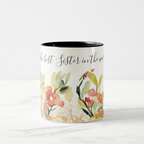 PEACH WATERCOLOR FLORAL BEST SISTER IN THE WORLD Two_Tone COFFEE MUG