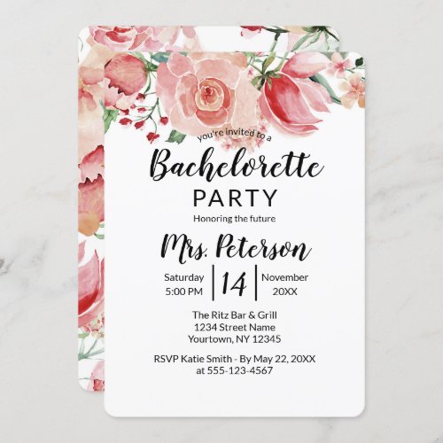Peach Watercolor Floral Border Bachelorette Party Invitation