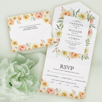 Peach Watercolor Floral Border Sping Wedding All In One Invitation by weddings_ at Zazzle