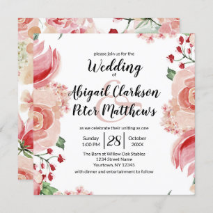 Peach Watercolor Floral Border Wedding Square Invitation