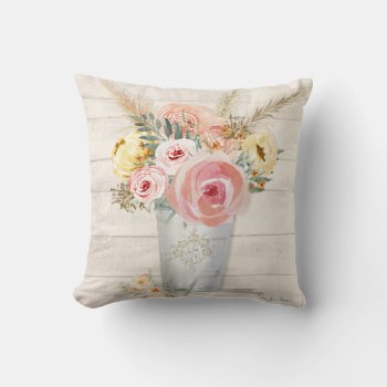 Peach Watercolor Floral Bouquet Pampas Grass Wood Throw Pillow by VintageWeddings at Zazzle