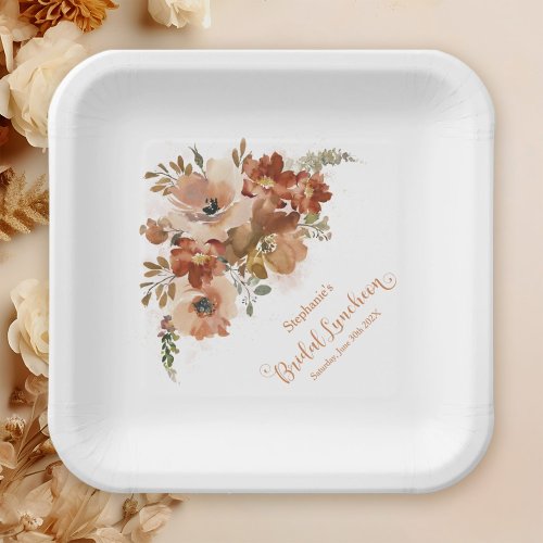 Peach Watercolor Floral Bridal Luncheon Paper Plates