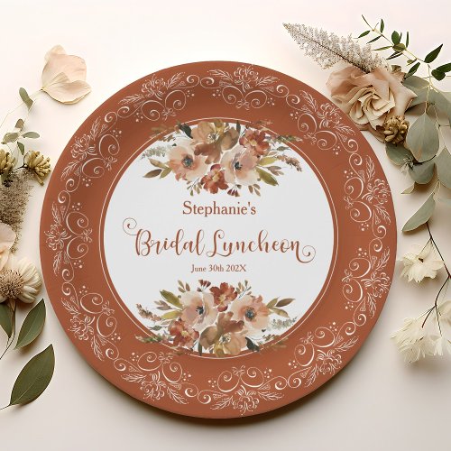 Peach Watercolor Floral Bridal Luncheon Persimmon Paper Plates