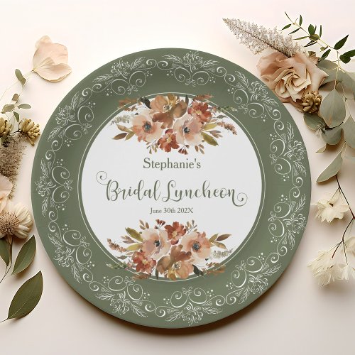 Peach Watercolor Floral Bridal Luncheon Sage Green Paper Plates