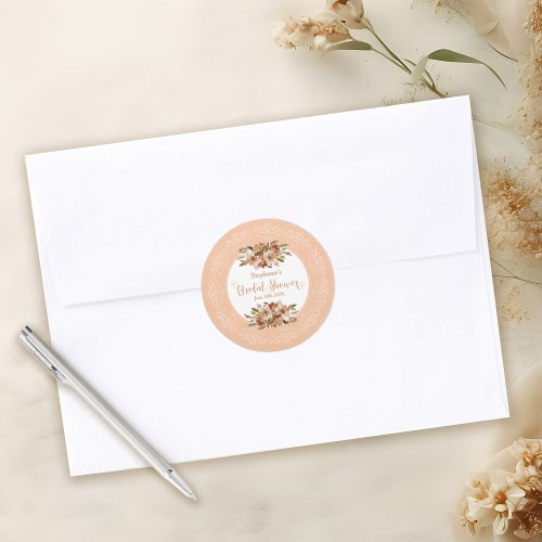 Peach Watercolor Floral Bridal Shower  Classic Round Sticker
