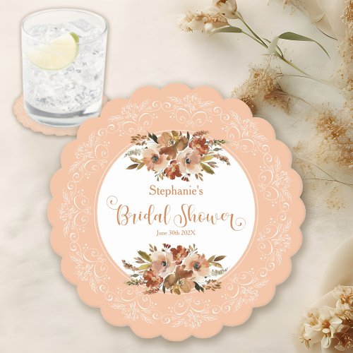Peach Watercolor Floral Bridal Shower Paper Coaster