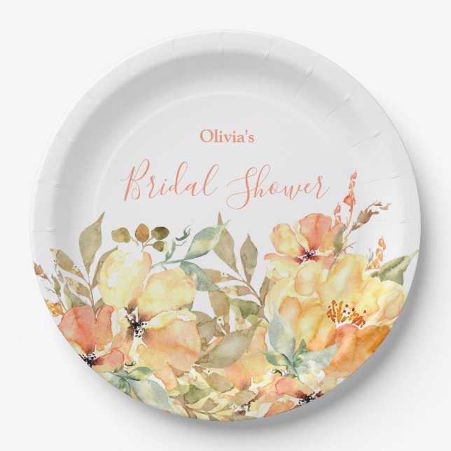 Peach Watercolor Floral Bridal Shower Paper Plate (Front)
