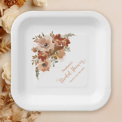 Peach Watercolor Floral Bridal Shower Paper Plates