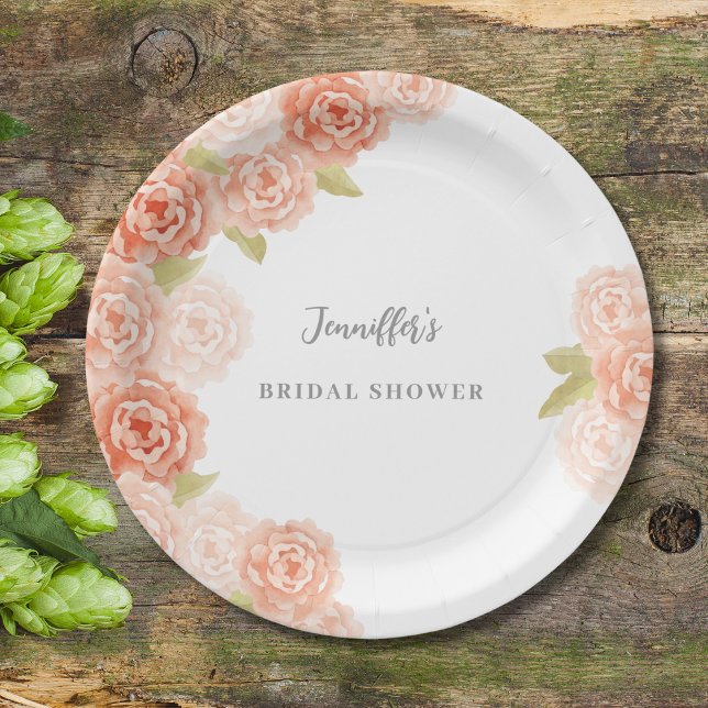 PEACH WATERCOLOR FLORAL BRIDAL SHOWER PAPER PLATES (Creator Uploaded)