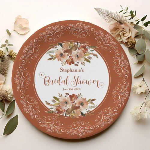 Peach Watercolor Floral Bridal Shower Persimmon  Paper Plates