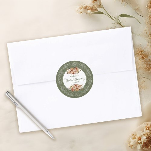 Peach Watercolor Floral Bridal Shower Sage Green Classic Round Sticker