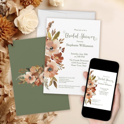 Peach Watercolor Floral Bridal Shower Sage Green Invitation