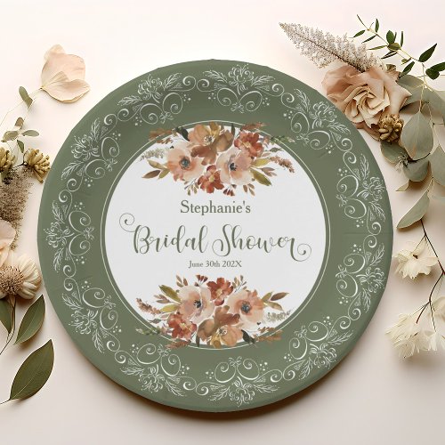 Peach Watercolor Floral Bridal Shower Sage Green  Paper Plates