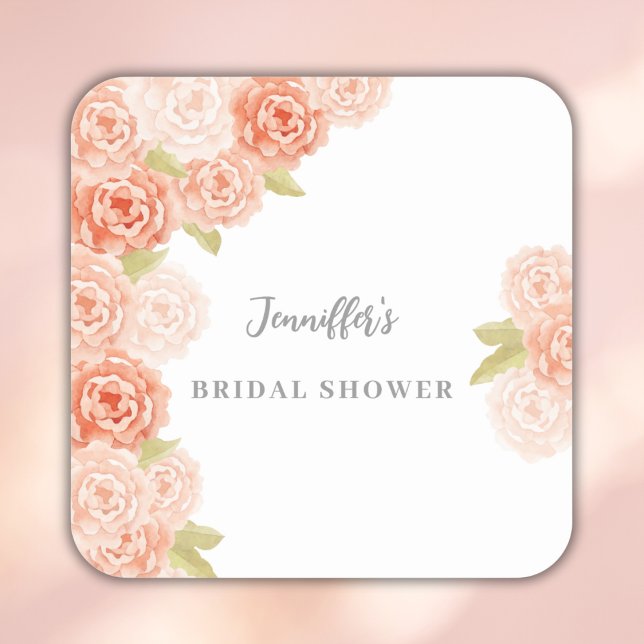 PEACH WATERCOLOR FLORAL BRIDAL SHOWER SQUARE STICKER (Creator Uploaded)