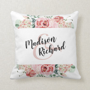 Peach Watercolor Floral Bride & Groom Monogram Throw Pillow