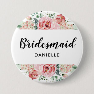Peach Watercolor Floral Bridesmaid Monogrammed Button