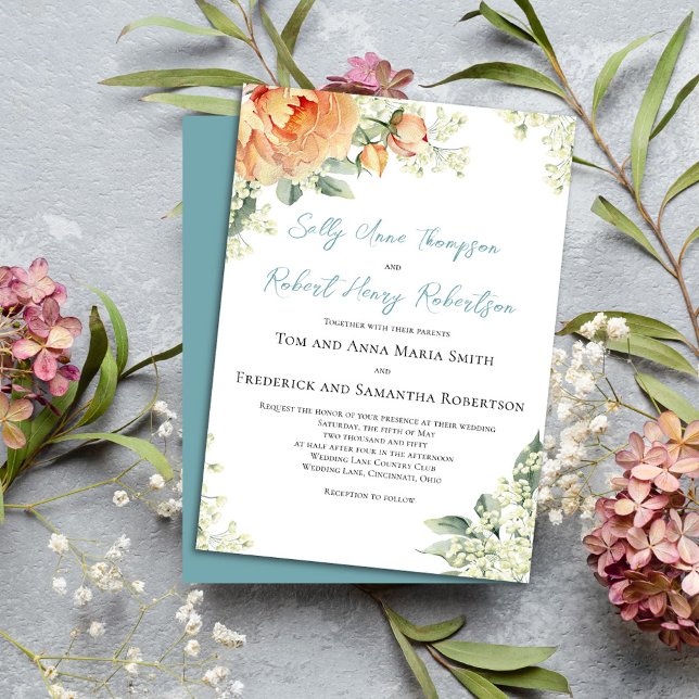 Peach Watercolor Floral Classic Wedding Invitation (Wedding beautiful peach floral invitations. )
