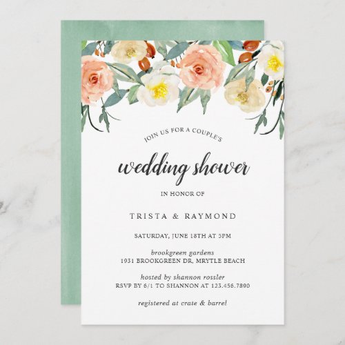 Peach Watercolor Floral Couples Wedding Shower Invitation