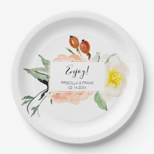 Peach Watercolor Floral Dessert Table Wedding Paper Plates