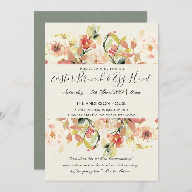 PEACH WATERCOLOR FLORAL EASTER BRUNCH & EGG HUNT INVITATION (Front/Back)