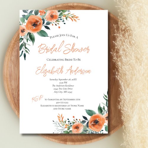 Peach Watercolor Floral Elegant Bridal Shower Invitation