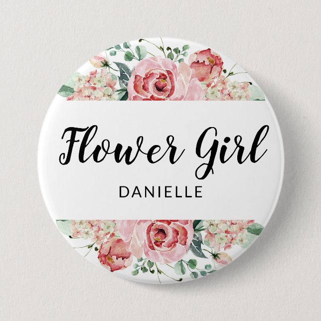 Peach Watercolor Floral Flower Girl Monogrammed Button (Front)
