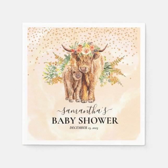 Peach Watercolor Floral Highland Cow Calf Baby   Napkins (Front)