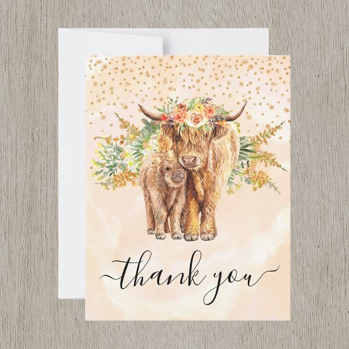 Peach Watercolor Floral Highland Cow Thank You Note Card