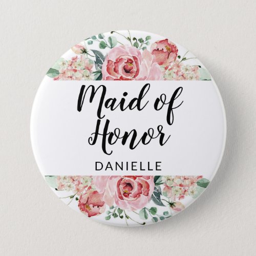 Peach Watercolor Floral Maid of Honor Monogrammed Button