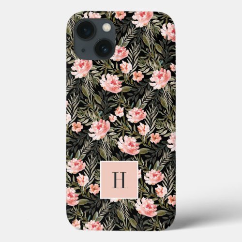 Peach Watercolor Floral Monogram iPhone 13 Case