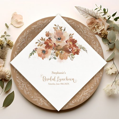 Peach Watercolor Floral Nut Brown Bridal Luncheon Napkins