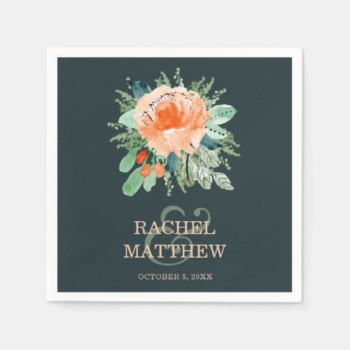 Peach Watercolor Floral on Teal Wedding Napkins