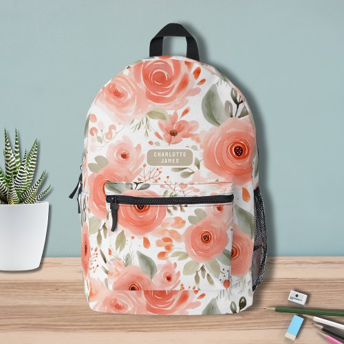 Peach Watercolor Floral Pattern Personalized Name Printed Backpack