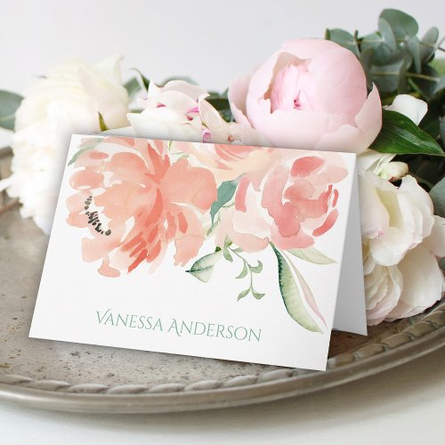Peach Watercolor Floral Personalized Blank Inside Thank You Card