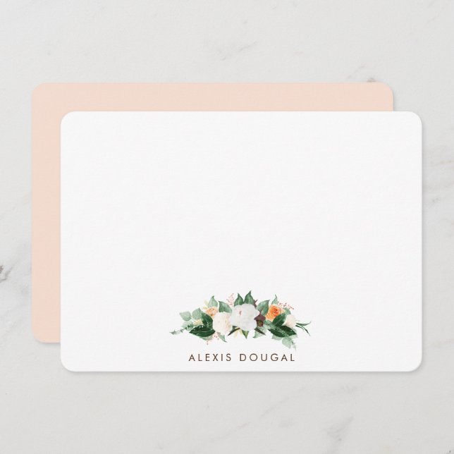 Peach Watercolor Floral Personalized Stationery Note Card (Front/Back)