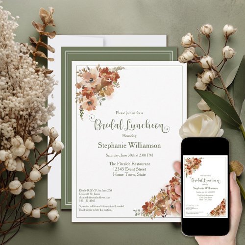 Peach Watercolor Floral Sage Green Bridal Luncheon Invitation