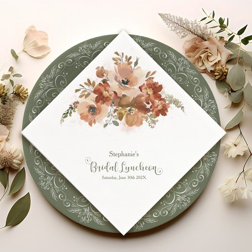 Peach Watercolor Floral Sage Green Bridal Luncheon Napkins