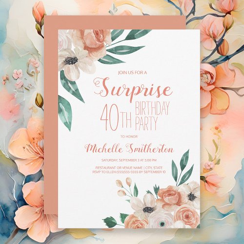 Peach Watercolor Floral Surprise 40th Birthday Invitation