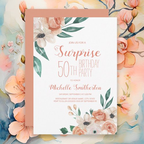 Peach Watercolor Floral Surprise 50th Birthday Invitation