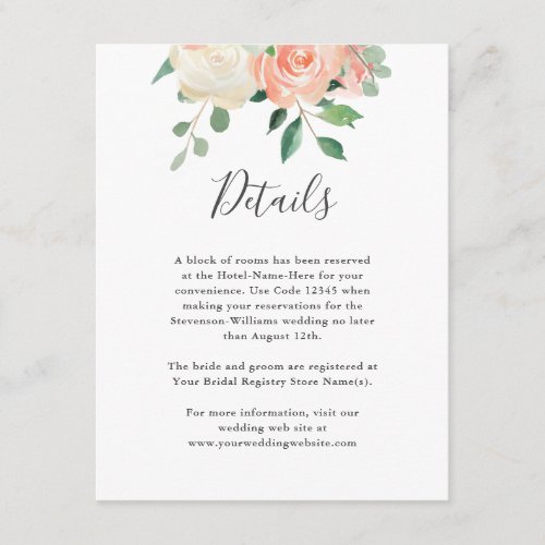 Peach Watercolor Floral Wedding Details Info Enclosure Card