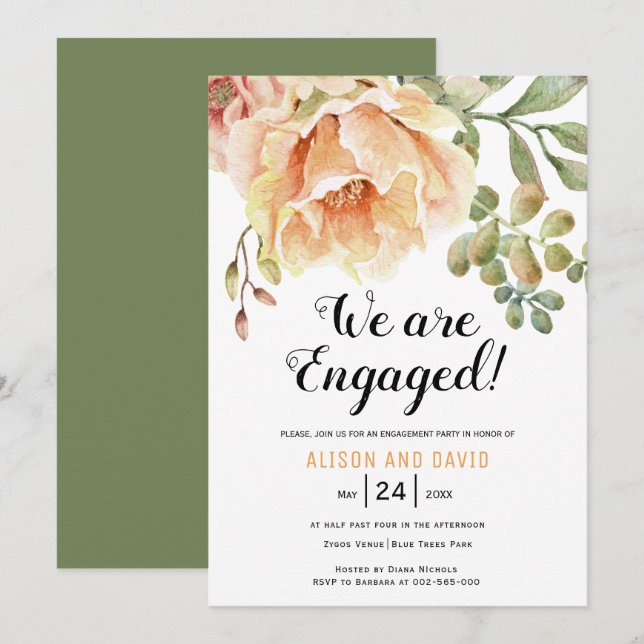 Peach watercolor floral wedding engagement party invitation (Front/Back)