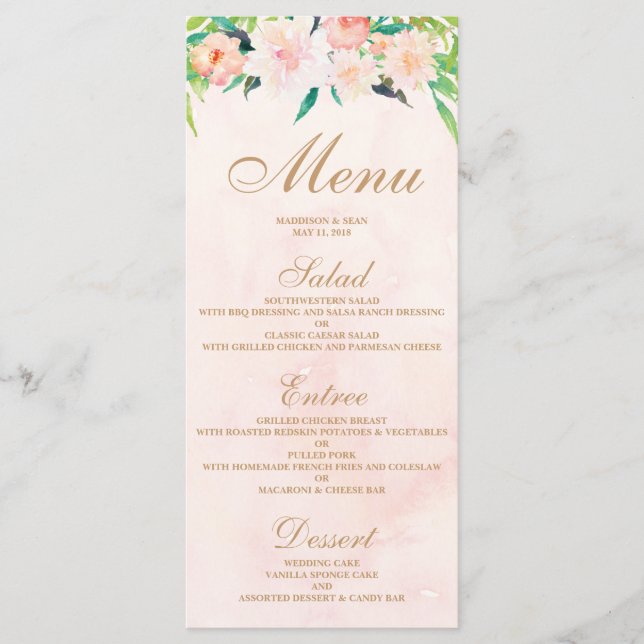 Peach Watercolor & Floral Wedding Menu Card (Front)