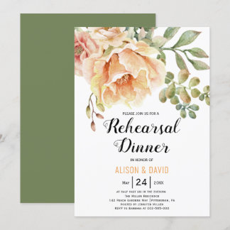Peach watercolor floral wedding rehearsal dinner invitation