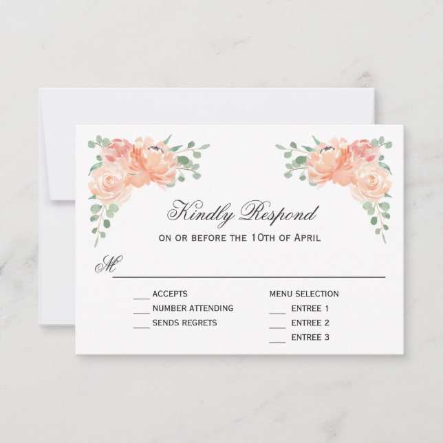 Peach Watercolor Floral Wedding RSVP with Entrees Card (Front)