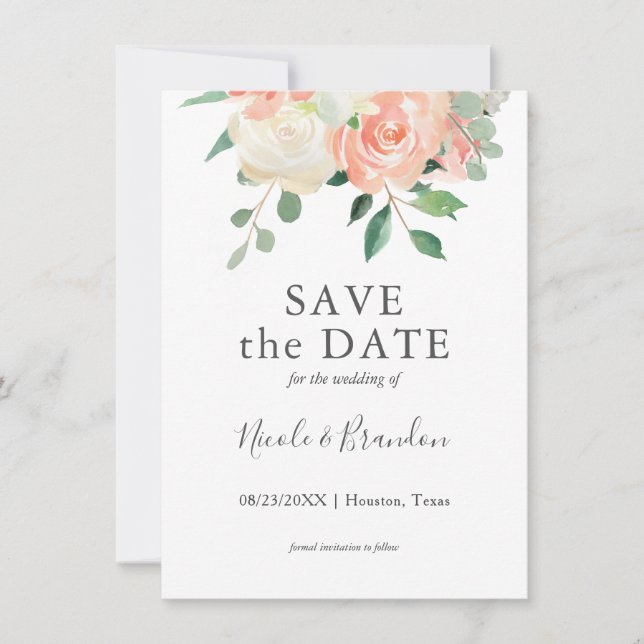 Peach Watercolor Floral Wedding Save the Date Card (Front)
