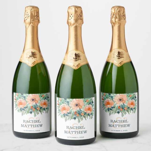 Peach Watercolor Floral Wedding Sparkling Wine Label (Bottles)